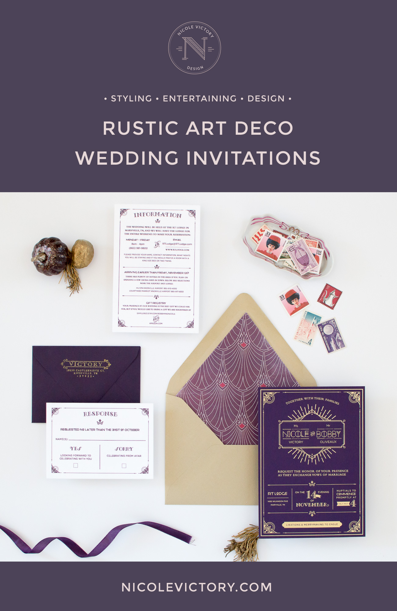 Rustic Art Deco Wedding Invitations | Nicole Victory Design