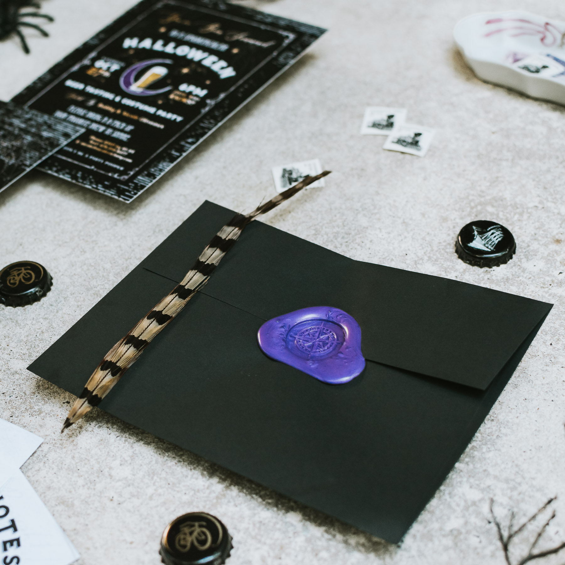 Halloween Themed Beer Tasting Invitations | Purple Wax Seal Detail | Designed by Nicole Victory Design