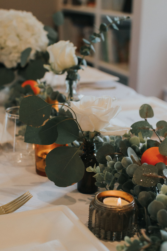 Eucalyptus and orange Thanksgiving tablescape | Nicole Victory Design